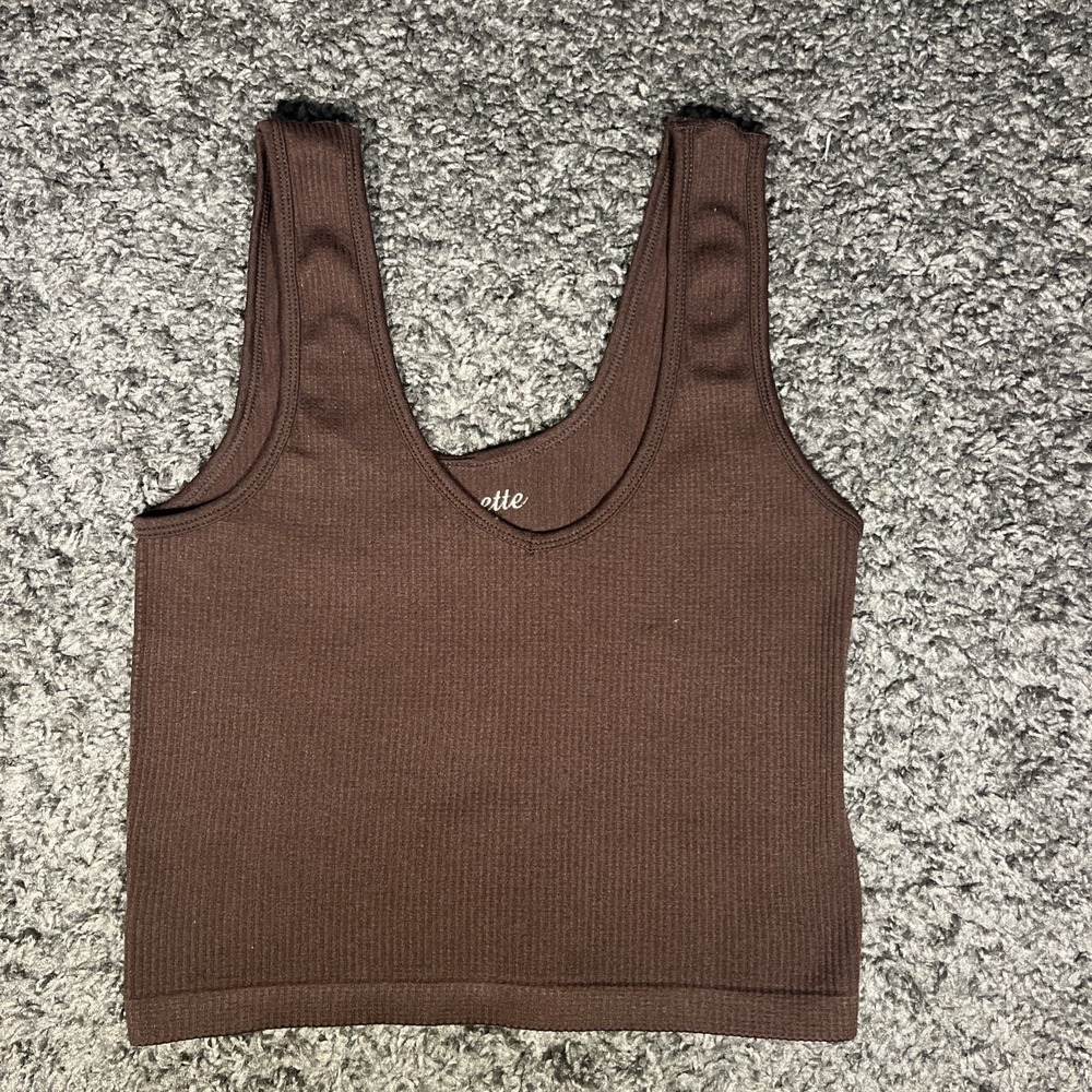 Suzette Brown V-Neck‎ Ribbed Crop Top Size S/M